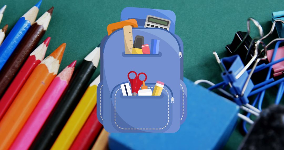 Colorful School Supplies Surrounding Blue Backpack