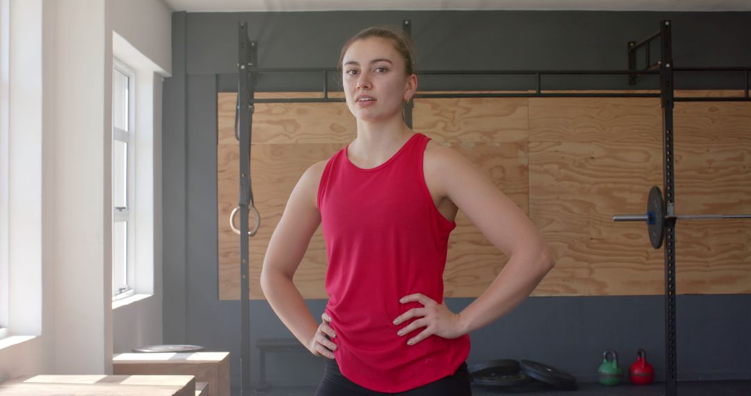 Confident Female Athlete Posing in Gym with Workout Equipment - Free Images, Stock Photos and Pictures on Pikwizard.com