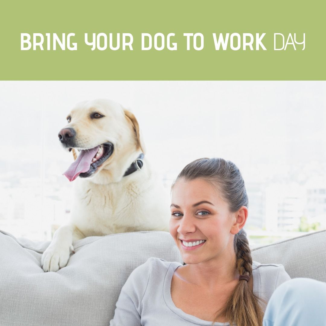 Portrait of smiling young caucasian woman with dog under bring your dog to work day text - Download Free Stock Templates Pikwizard.com