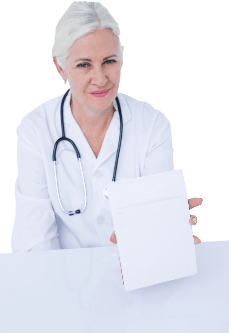 Smiling Female Doctor Showing Blank Notepad, Transparent Background