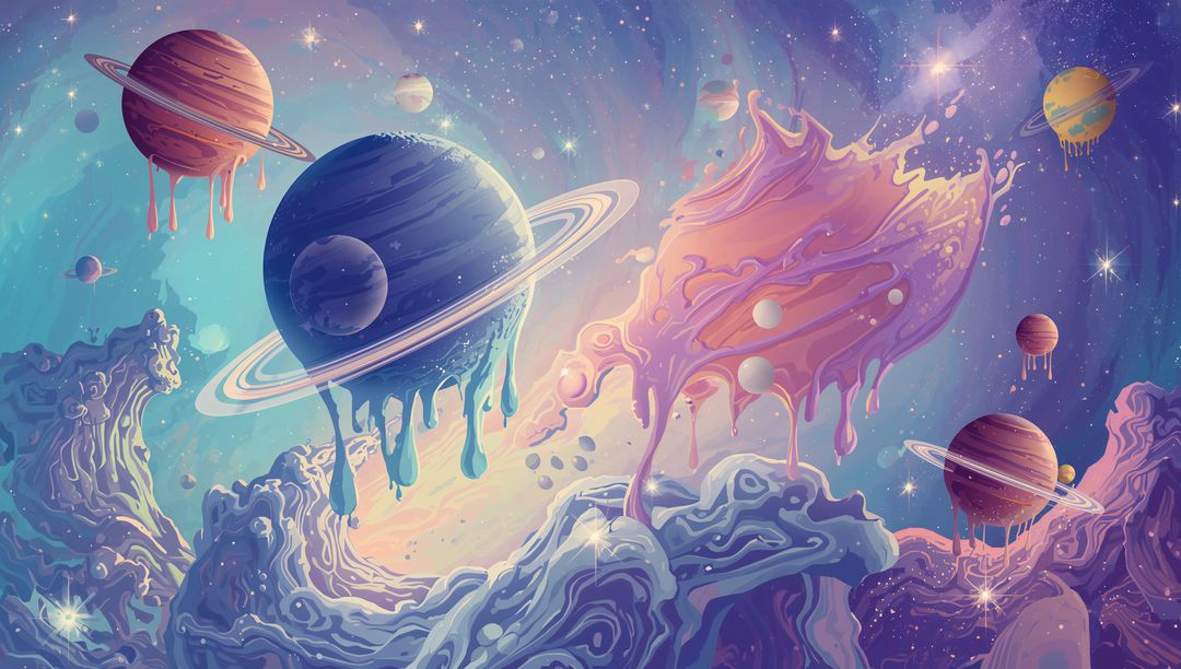 Fantastical Cosmic Planets Dripping Colorful Liquid in Outer Space