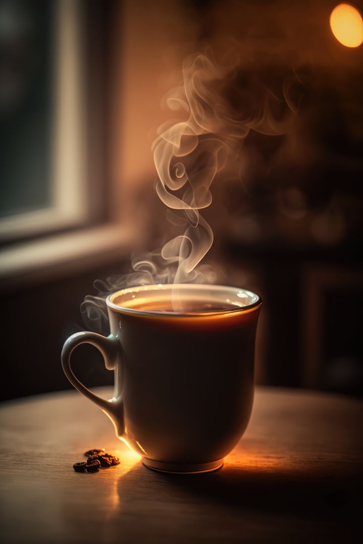 Steaming Coffee Mug on Wooden Table by Window - Free Images, Stock Photos and Pictures on Pikwizard.com