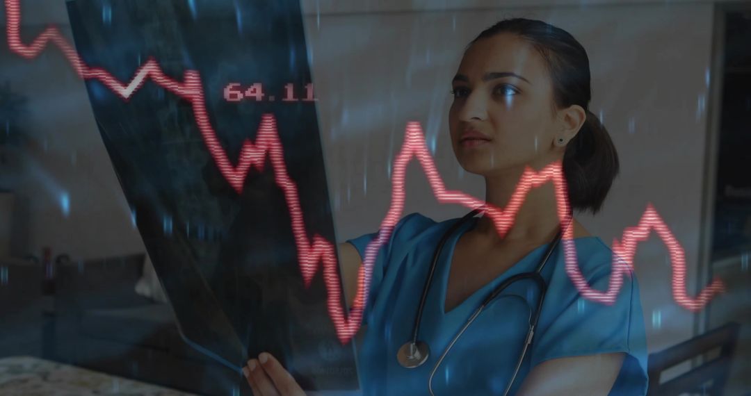 Female Doctor Analyzing X-ray with Graph Overlay in Hospital