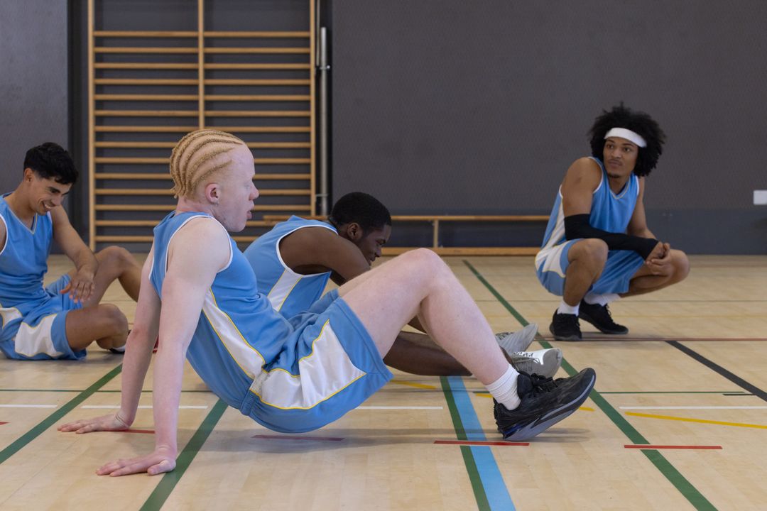Diverse Basketball Team Practicing Warm-up in Gym