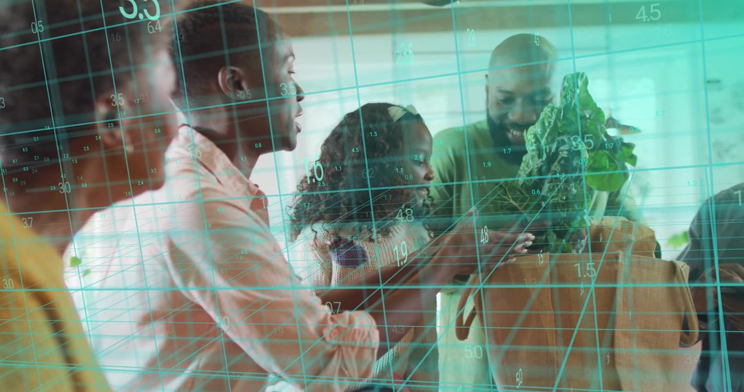 Multigenerational family unpacking groceries and checking leafy greens with digital overlay