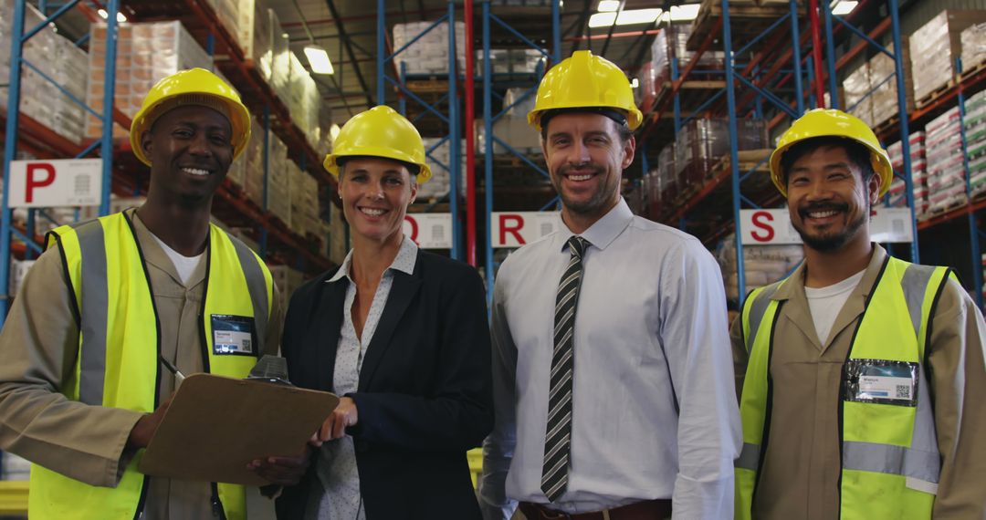 Diverse Warehouse Team Smiling in Safety Gear - Free Images, Stock Photos and Pictures on Pikwizard.com