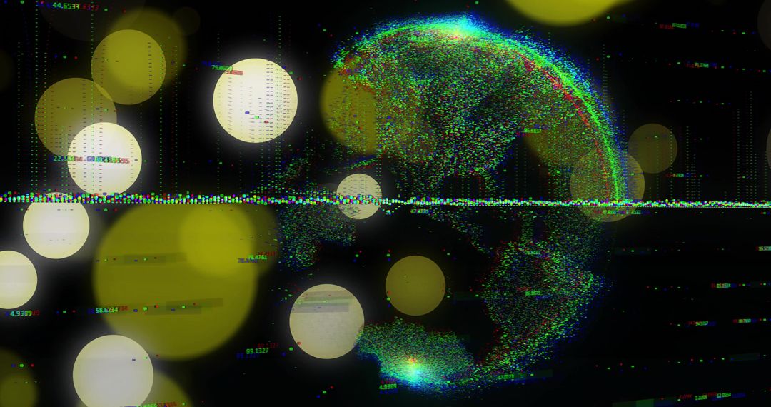Glitch Holographic Globe Rotating over Reflective Waveform with Neon Point Cloud Bokeh