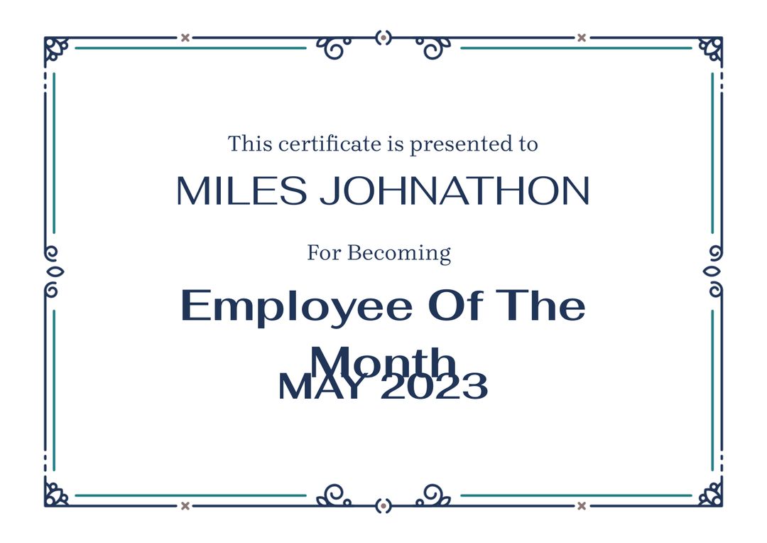 Employee of the Month Certificate Template with Decorative Border - Download Free Stock Templates Pikwizard.com