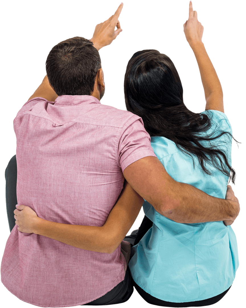 Romantic Couple Seated Embracing and Pointing on Transparent Background