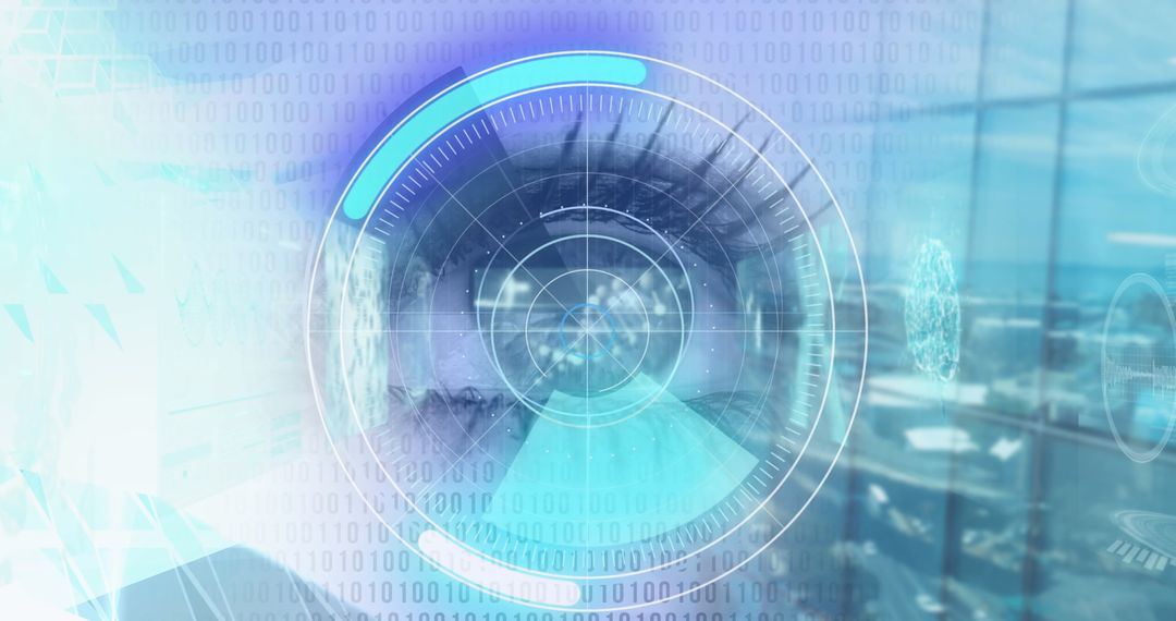 Futuristic Digital Eye Scanner with Data Overlay and Cityscape