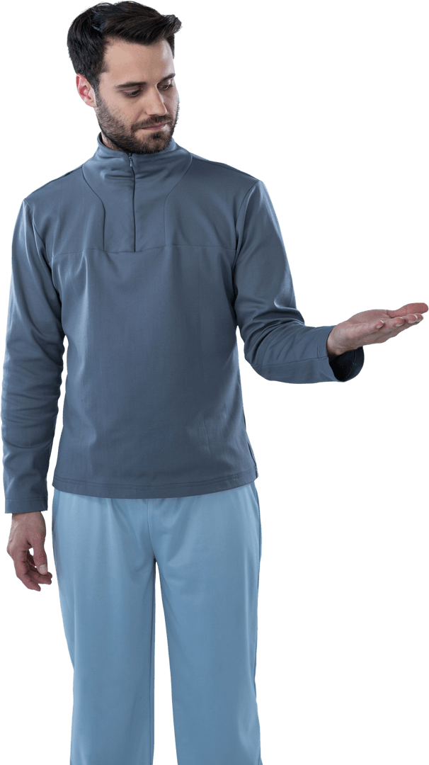 Transparent Casual Man Gesturing with Open Palm Stance