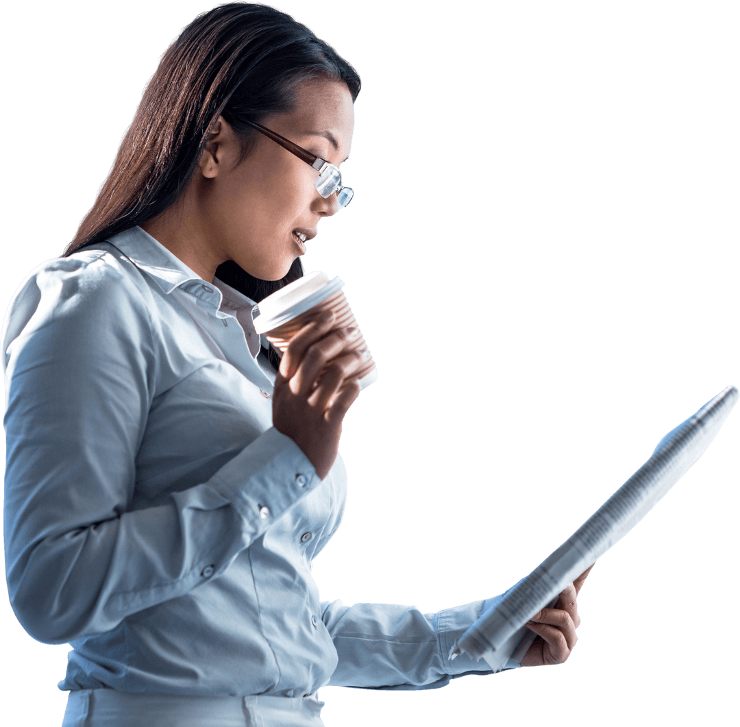 Transparent Background: Focused Businesswoman Reading Steps to Success