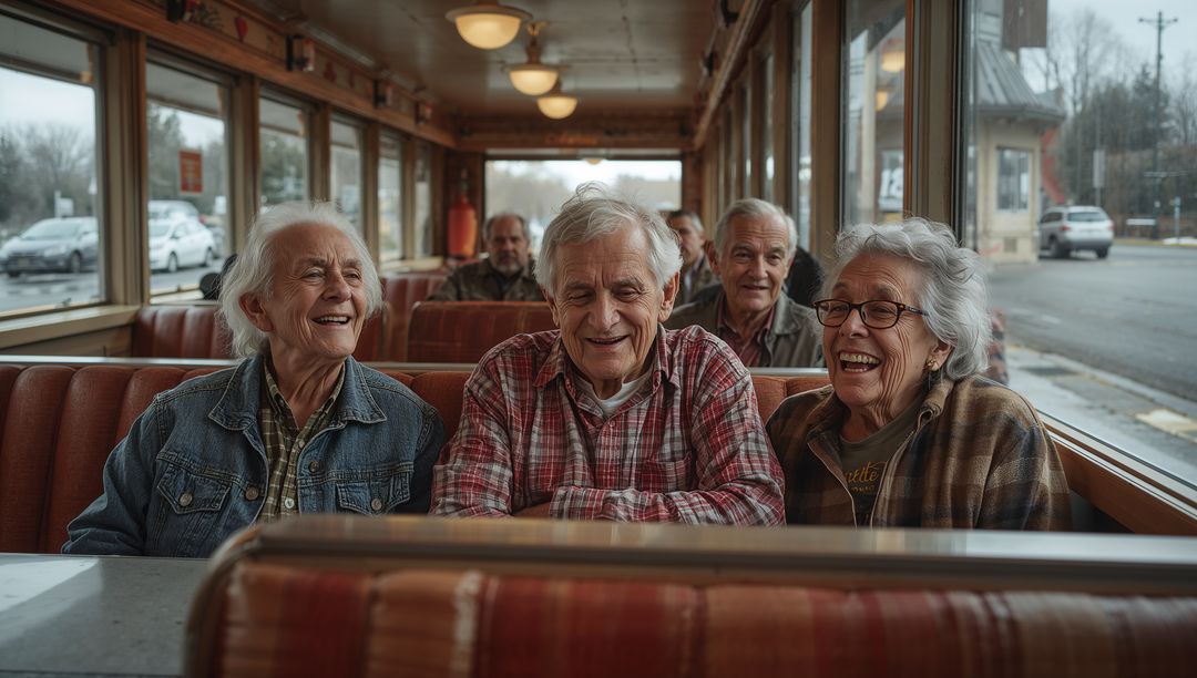 Laughing Seniors Sharing Warm Conversation in Retro Diner Booth, Small Town Nostalgia