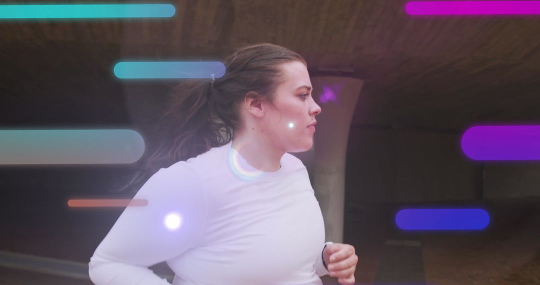 Plus Size Woman Running with Data Overlay in Urban Setting