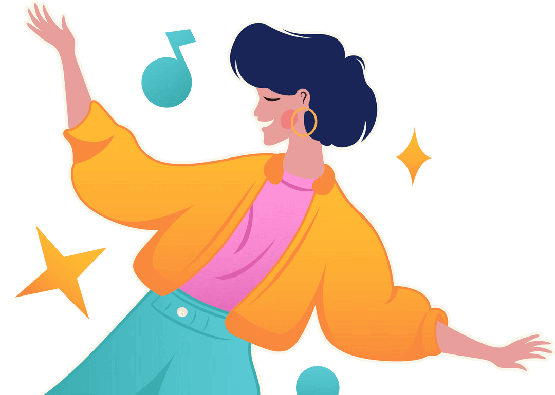 Dynamic Dancing Woman with Music Notes on Transparent Background