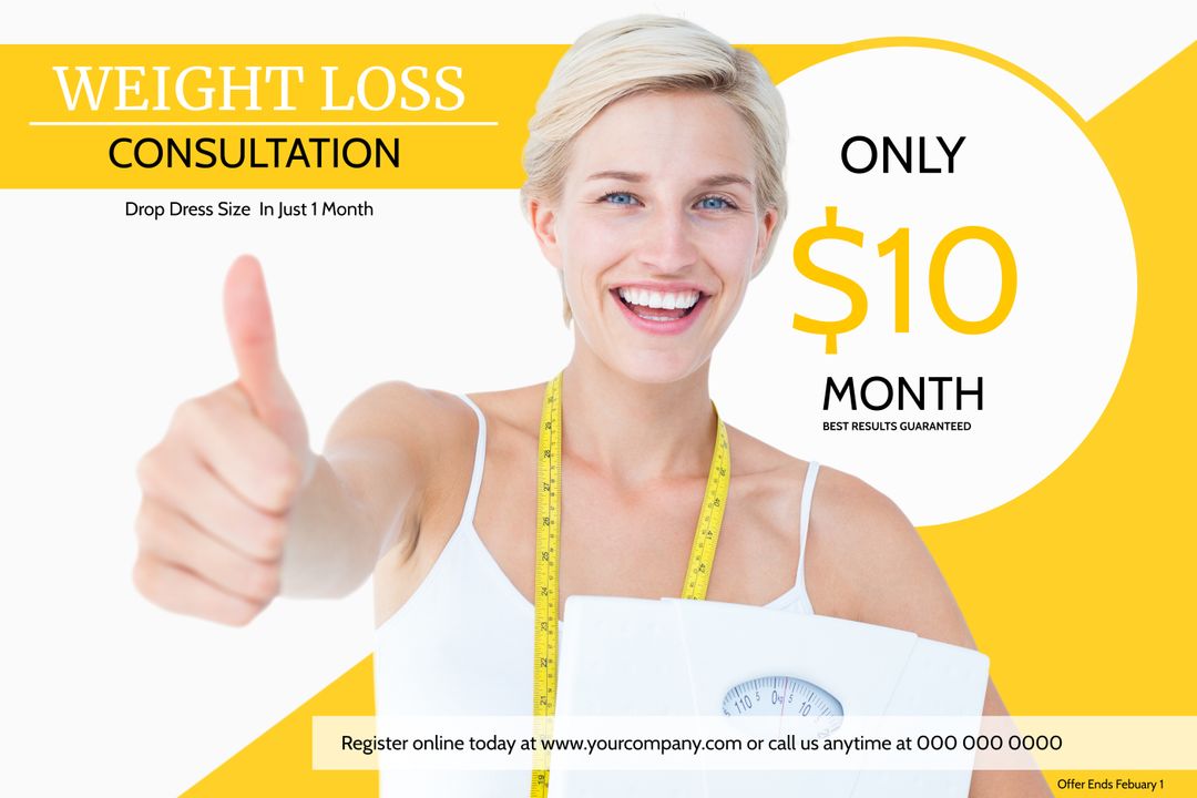 Cheerful Woman Promoting Successful Weight Loss Program with Scale