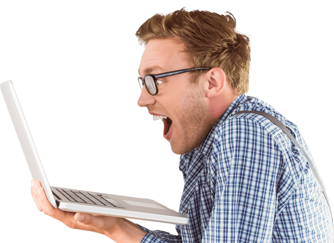 Excited Man in Glasses Holding Laptop on Transparent Background