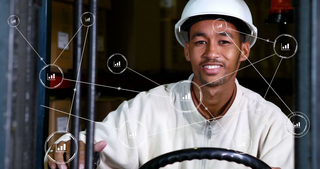 Smiling Warehouse Worker With Connected Industrial Data Icons - Free Images, Stock Photos and Pictures on Pikwizard.com