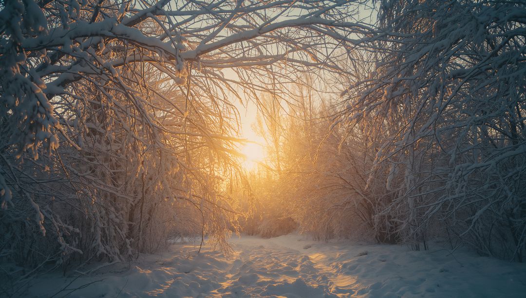 Enchanting Winter Forest Trail at Sunrise