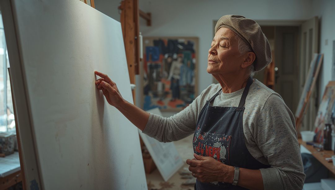 Elderly Artist Touching Empty Canvas in Studio