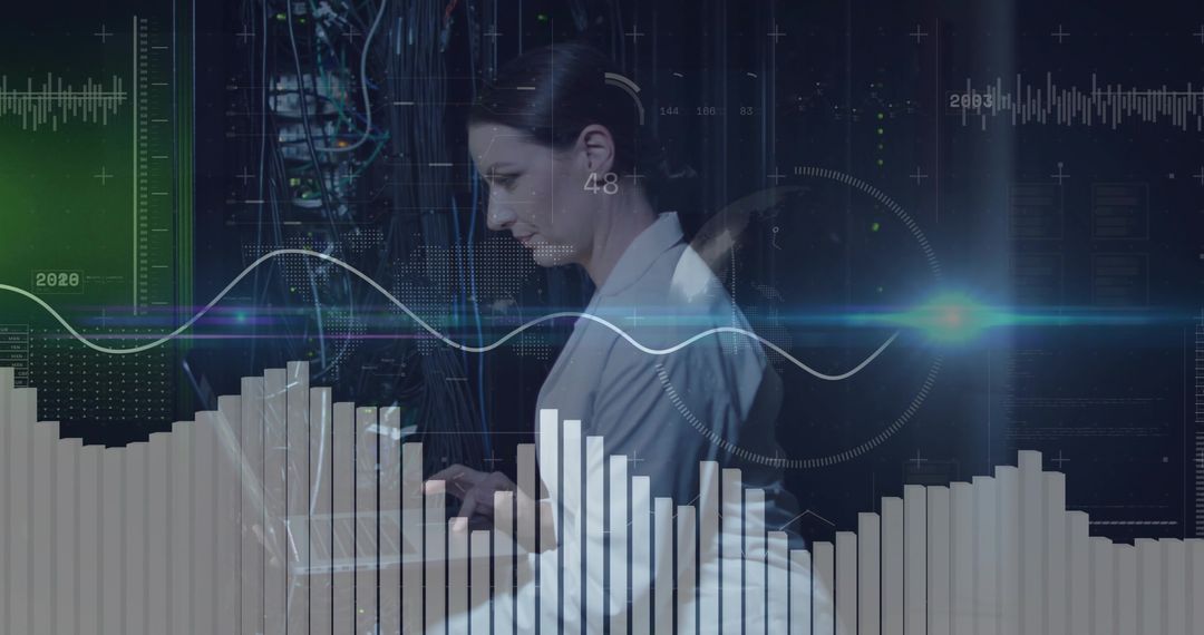 Female IT Engineer Typing on Laptop in Data Center with Futuristic Analytics Overlays