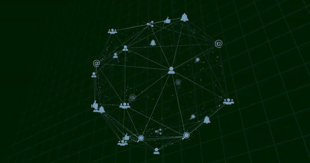 Spherical Network Graph and Media Icons in Digital Grid