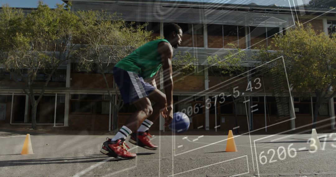 Basketball Player Dribbling Maneuver with Digital Overlay