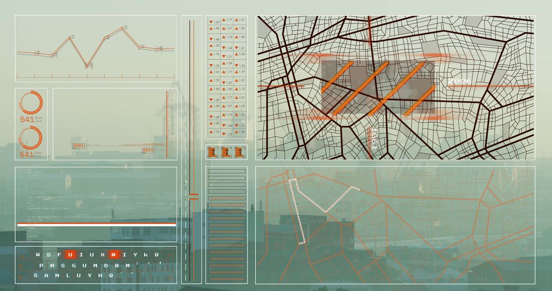 Futuristic Data Processing Interface Over Urban Cityscape
