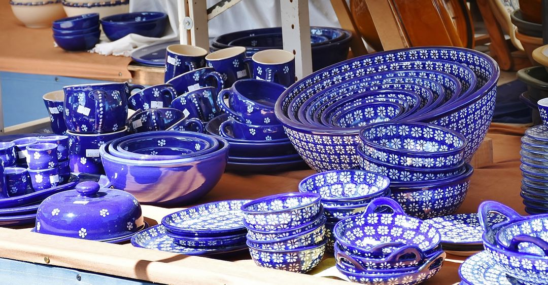 Beautiful Blue Ceramic Tableware at Outdoor Market Stall - Free Images, Stock Photos and Pictures on Pikwizard.com