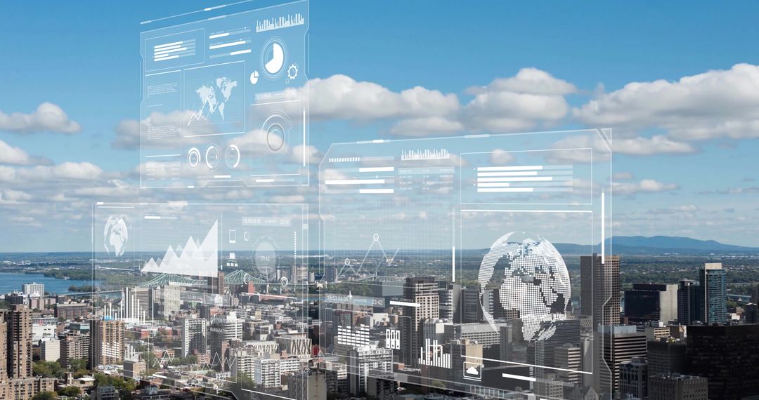 Digital Financial Dashboard Overlaying Metropolitan Cityscape