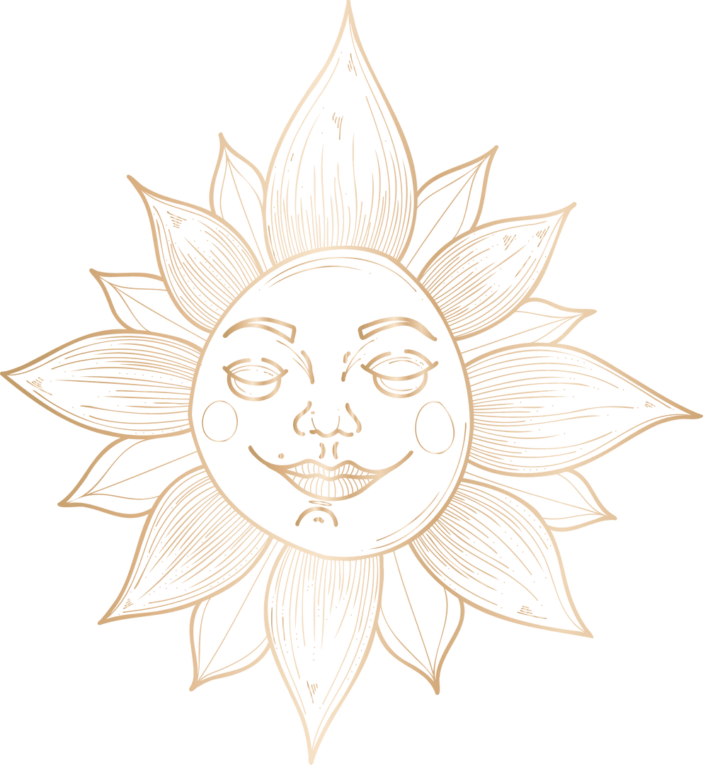 Vintage Celestial Sun with Calm Face on Transparent Background