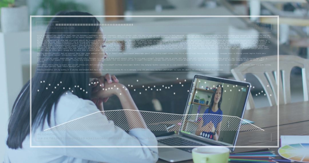 Businesswoman Engaged in Virtual Call with Digital Overlays