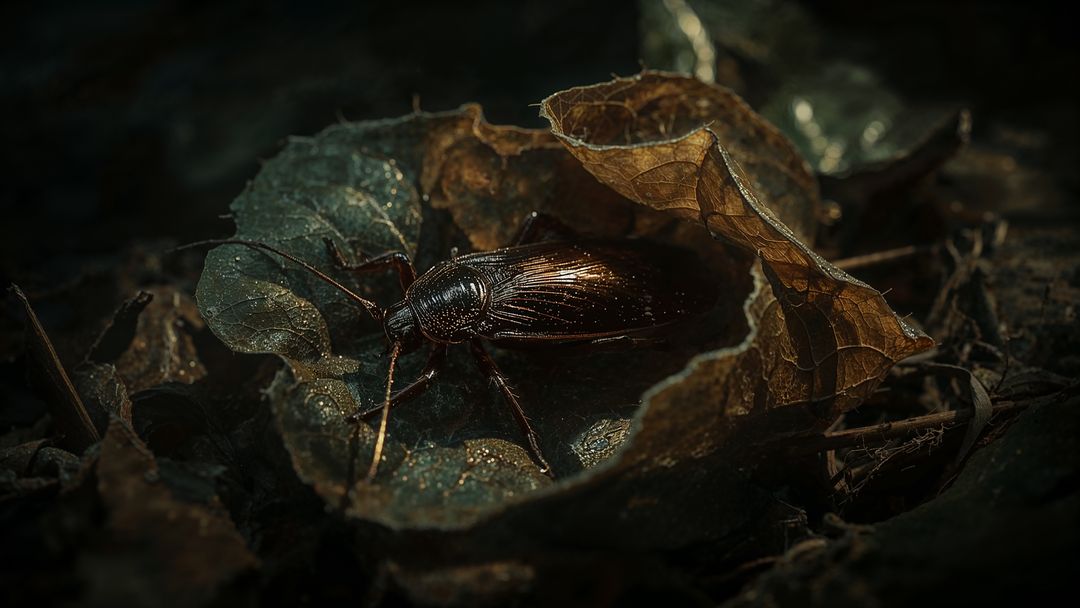 Ground Beetle Sheltering Under Leaf in Damp Forest Floor Macro