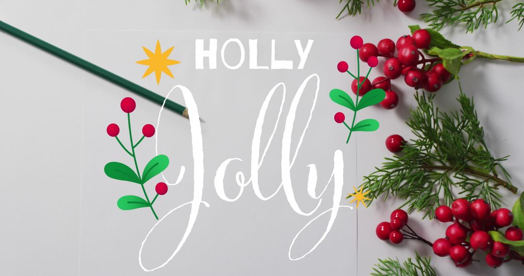 Festive Holly Jolly Text with Red Berries and Fir Arrangement