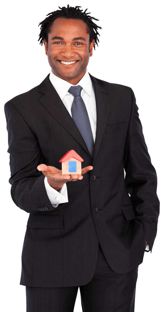 Smiling Businessman Holding Miniature House Transparent Background