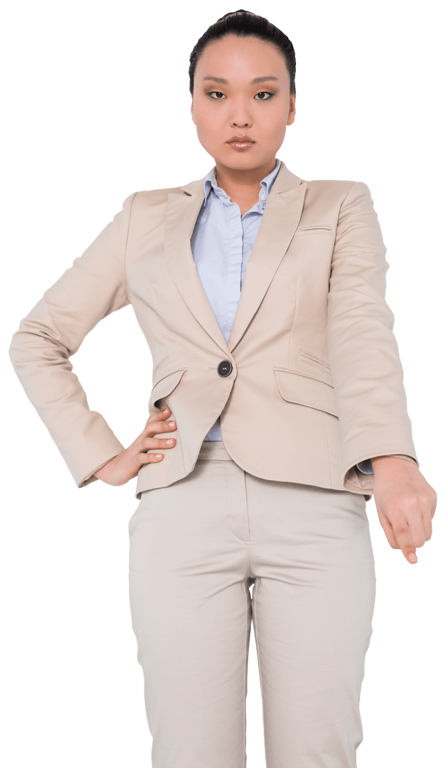 Asian Businesswoman Pointing Authoritatively on Transparent Background