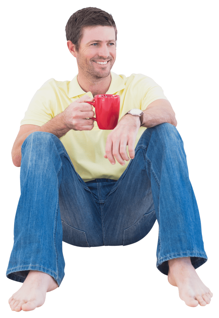 Smiling Man Drinking Coffee While Sitting - Transparent Background