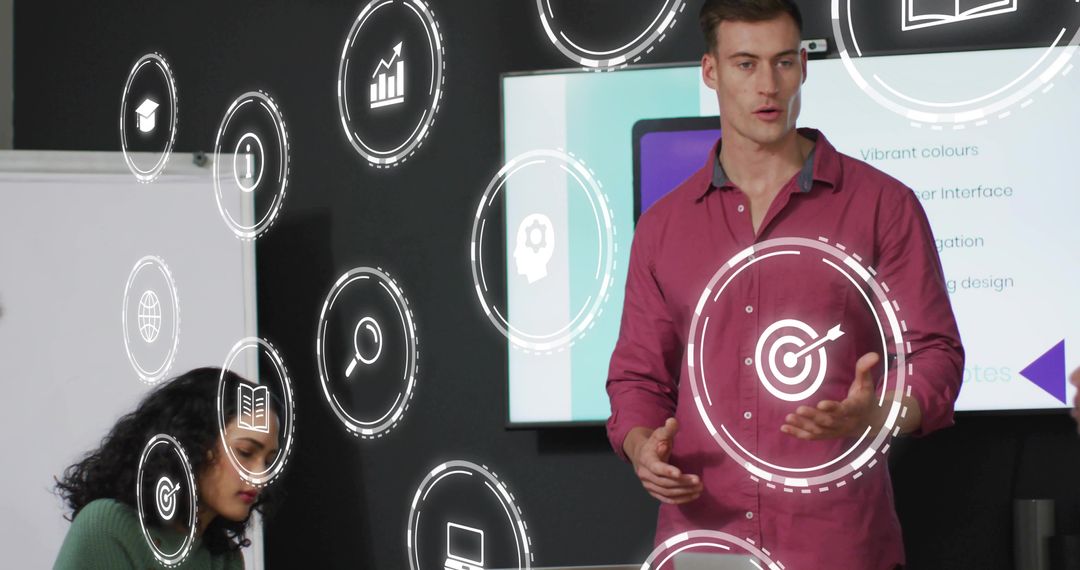 Presenting Digital Strategy with Augmented Reality Icons in Corporate Team Meeting