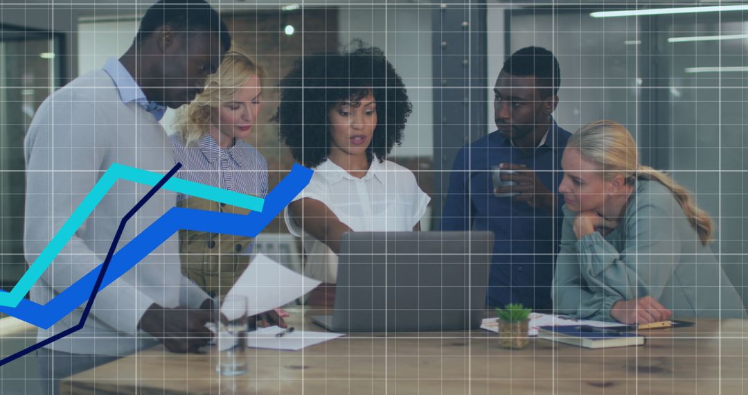 Team Analyzing Data in Modern Office with Graph Overlay