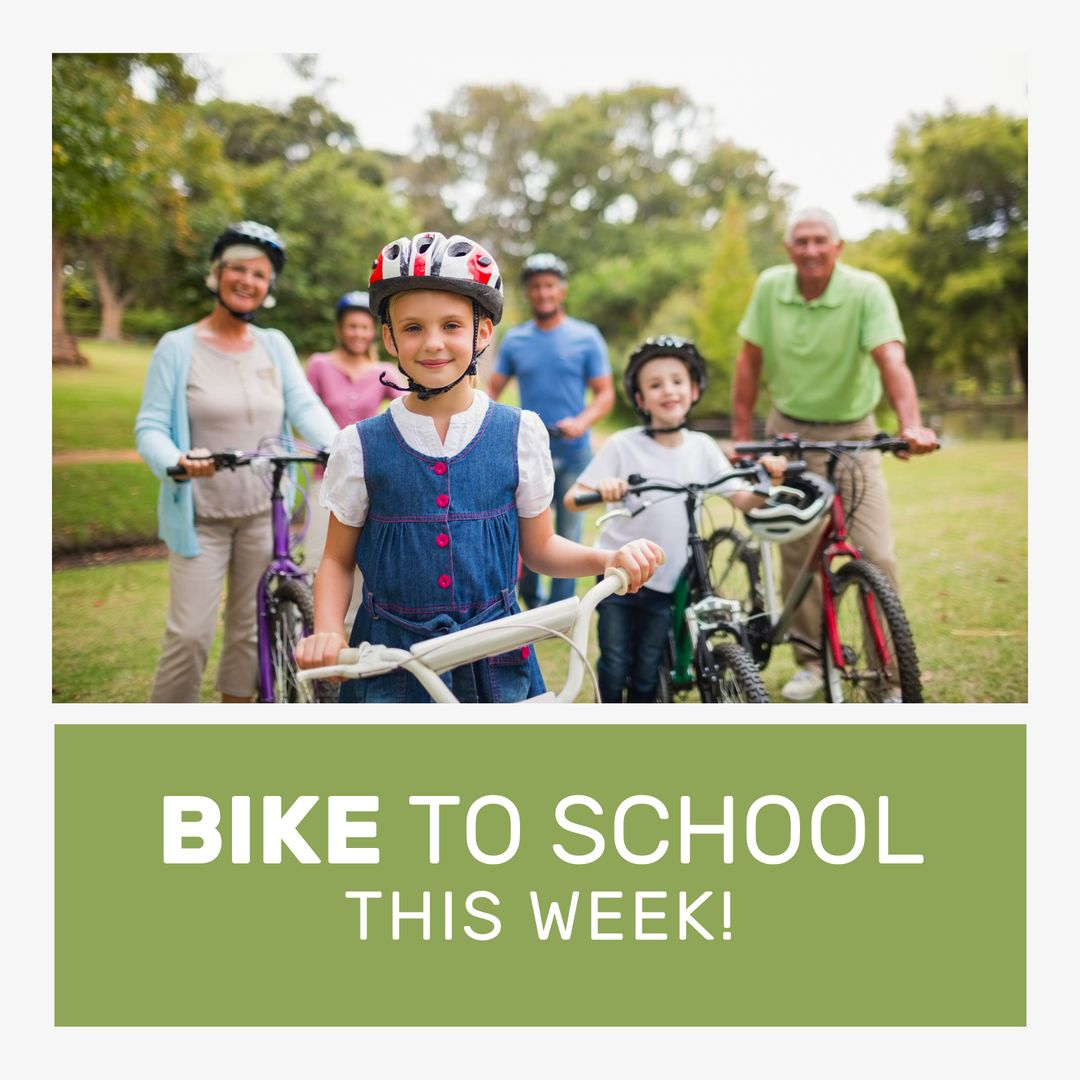 Three-Generation Family Biking for School Week Awareness