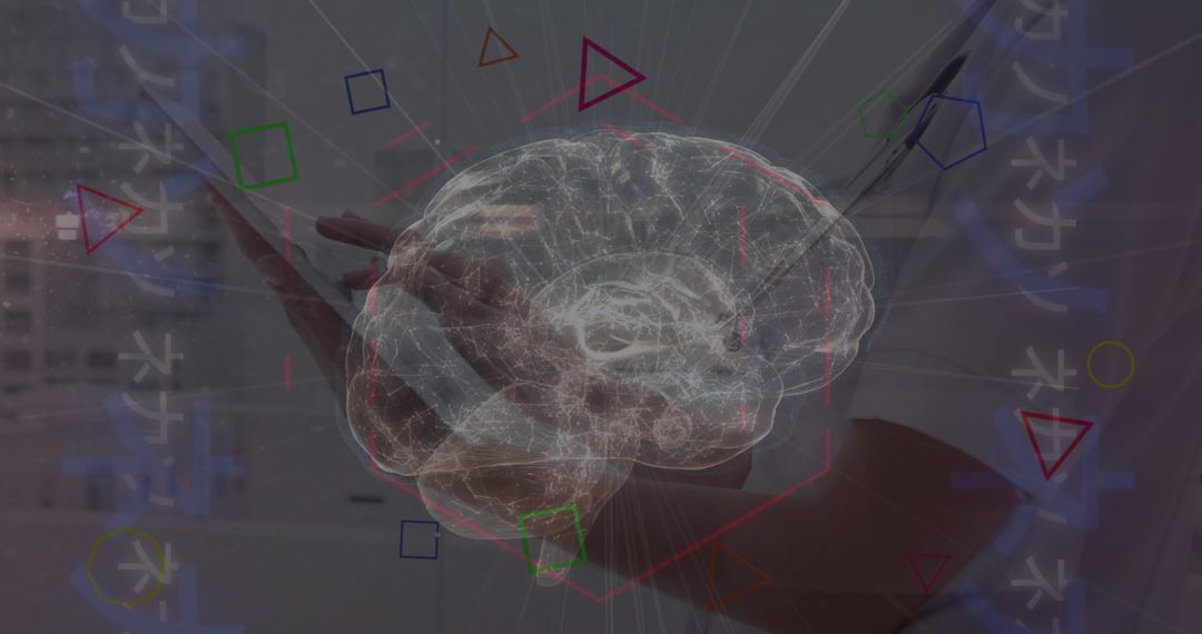 Digital Brain Hologram Interface Over Warehouse Scene