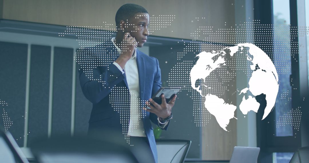 Businessman Using Tablet with Global Networking Graphic Overlay