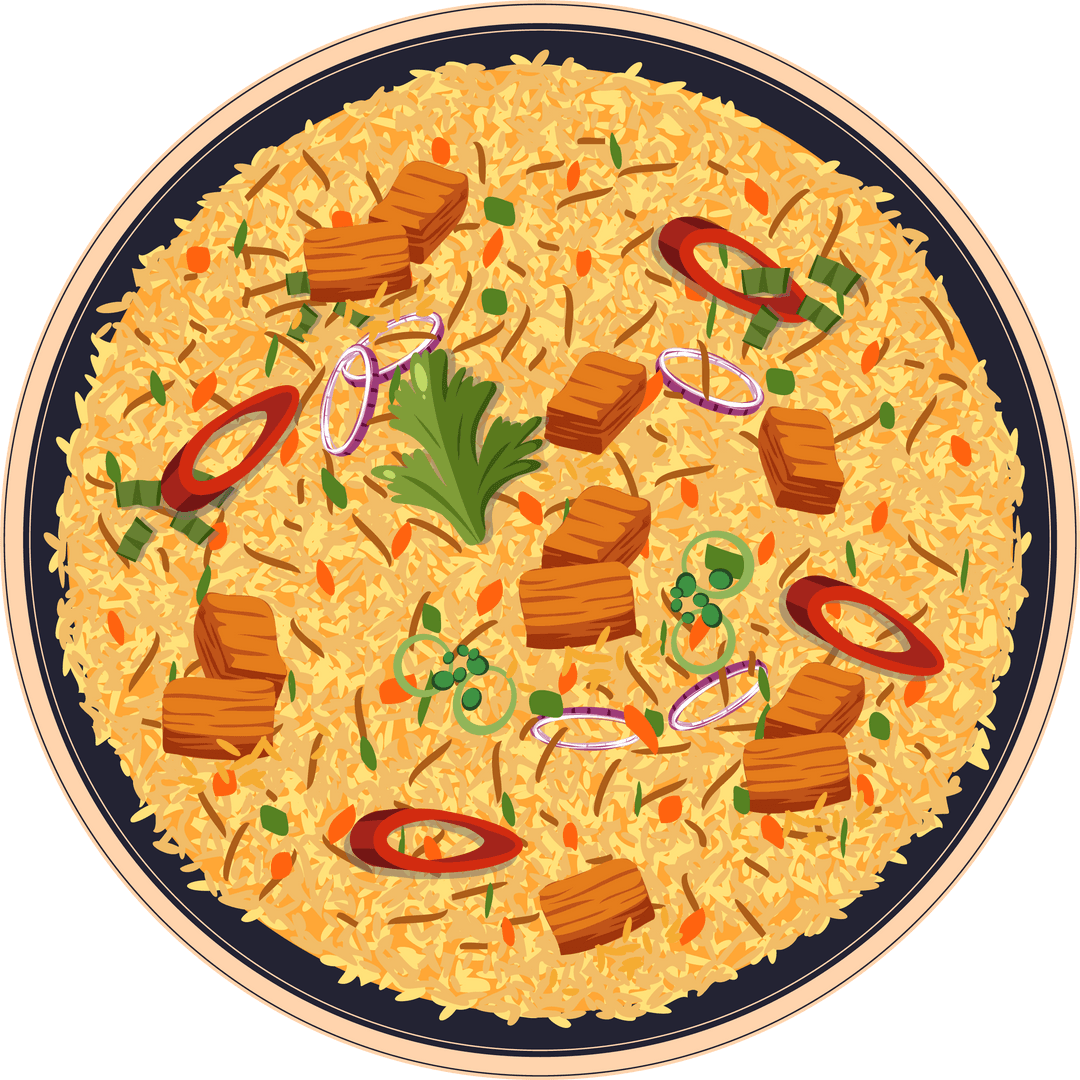 Appetizing Rice Plate with Sautéed Meat on Transparent Background