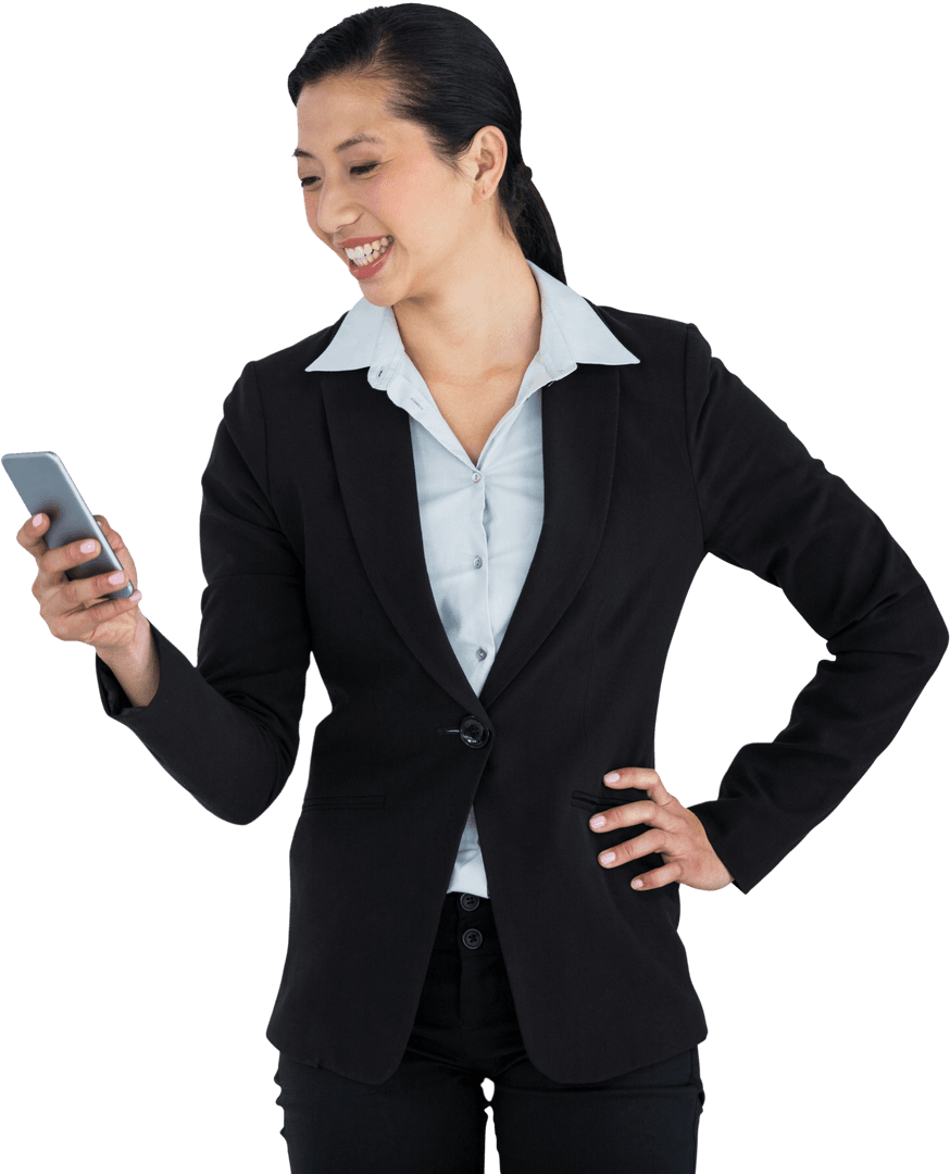 Businesswoman in Suit Smiling at Mobile Phone Transparent