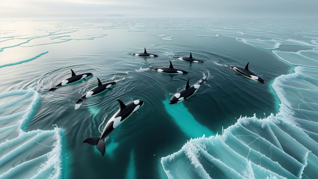 Pod of Orcas Navigating Icy Waters in Stunning Arctic Landscape
