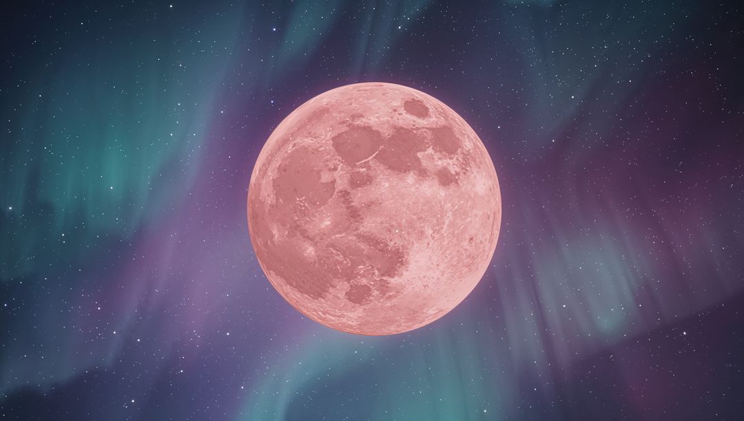 Mystical Pink Full Moon with Vibrant Aurora Night Sky