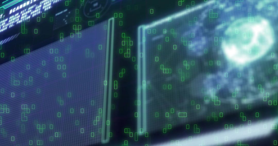 Futuristic HUD displaying dual monitoring panels with holographic green data overlays