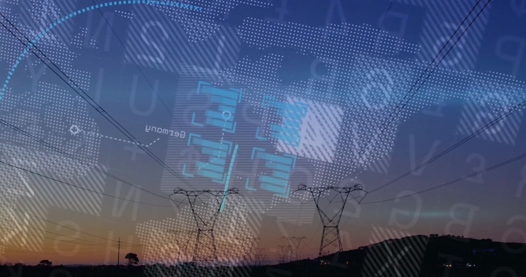 High-Voltage Towers with Digital Data Overlay at Dusk
