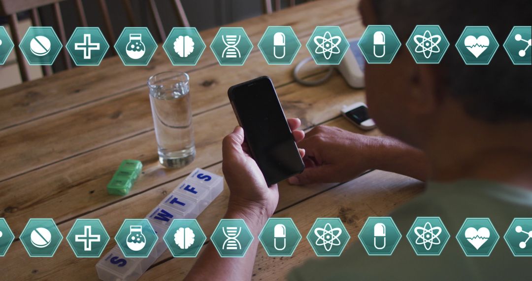 Senior Man Using Smartphone for Health Management at Home