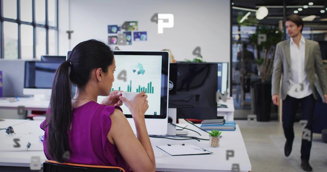 Professional Woman Examining Business Charts in Modern Office Setting